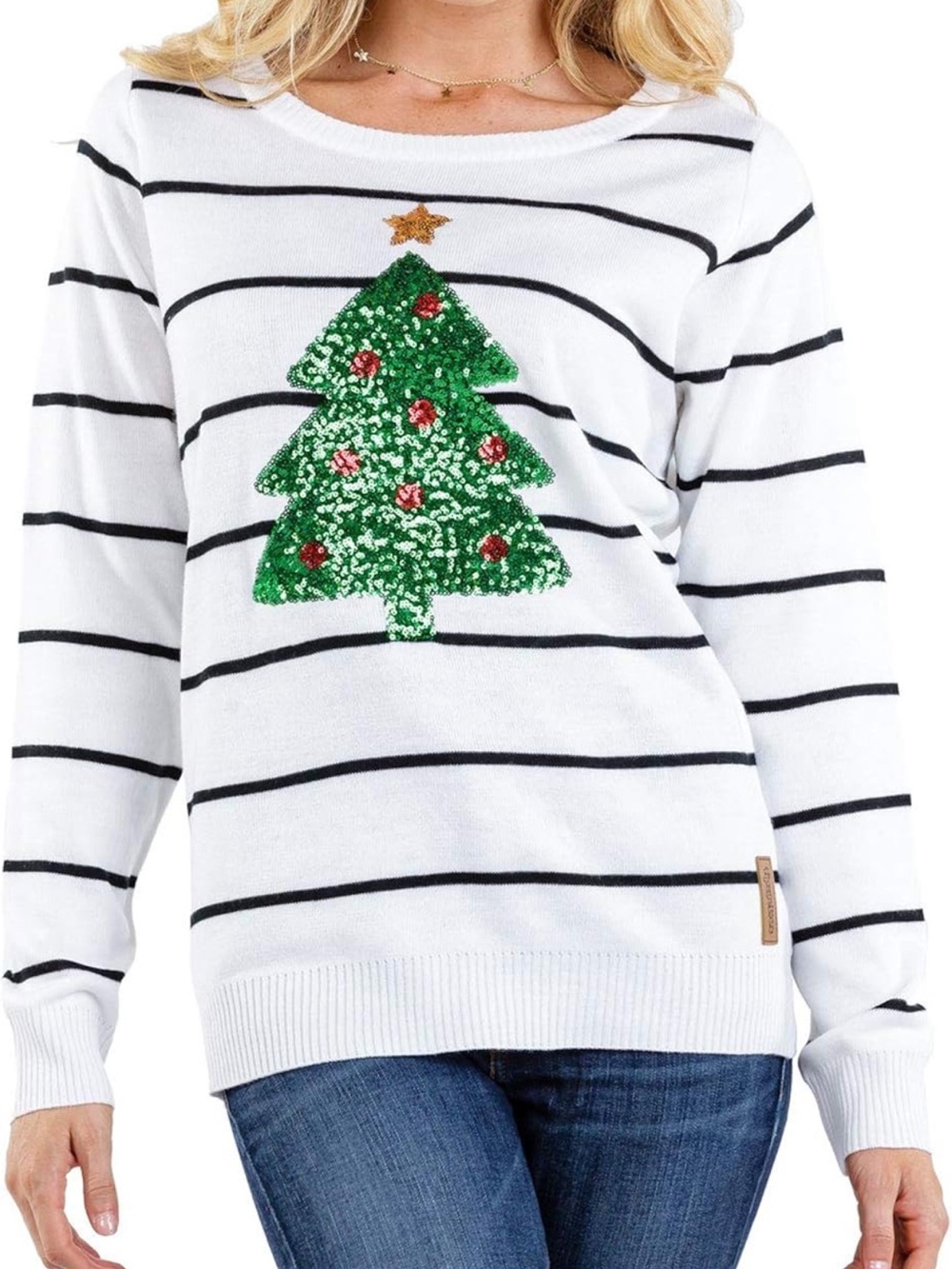 Tipsy Elves White & Black Striped Sweater with Green Sequin Christmas Tree